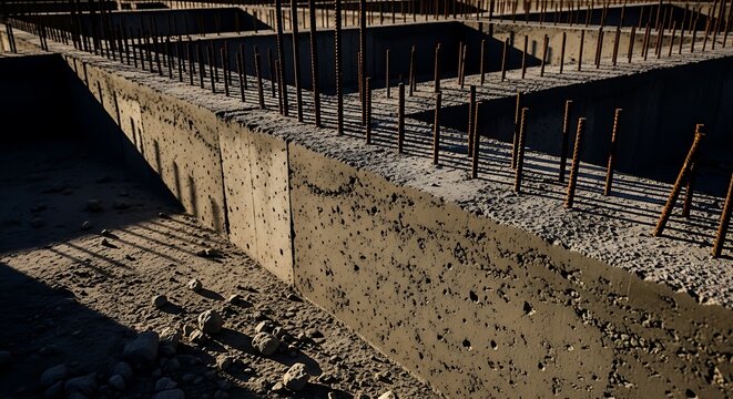 Concrete foundation with rebar rods, building construction infrastructure