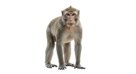 Naklejka premium Full-body shot of a curious brown monkey standing alertly and looking directly forward, isolated against a clean white background, showcasing its natural posture and detailed fur