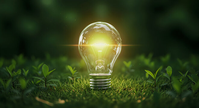 A light bulb in the grass with a green background
