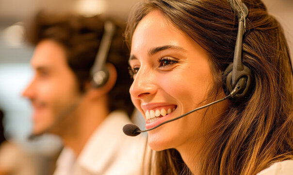 A smiling female customer service representative wearing a headset, with a male colleague blurred in the background, both engaged in a call center environment.