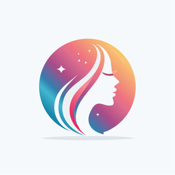 Elegant woman profile silhouette with colorful flowing hair logo design