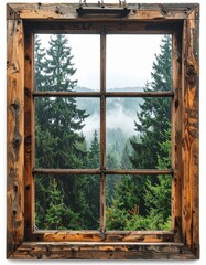 Wooden Framed Window View of Evergreen Trees and Mist in a Forest Landscape