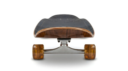 Modern longboard skateboard with wooden deck and amber wheels shown front view