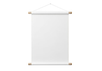 A white poster hanging on a wall with wooden holders