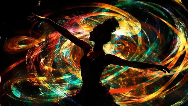 Dancer performs gracefully in dark setting with colorful swirls of light