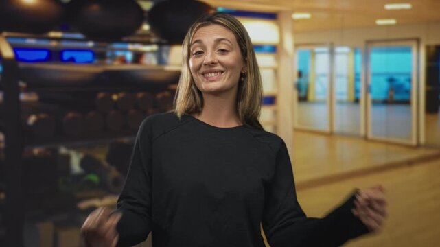 Woman points finger to chest in studio gym while smirking and smiling, wearing black sweatshirt near mirror and dumbbell rack; self belief confidence.