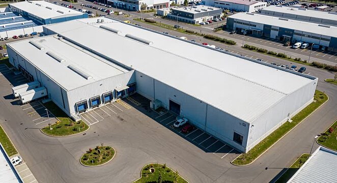 Aerial view of a large industrial warehouse complex with loading docks and parked cars for logistics.