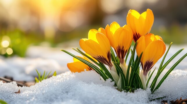 Yellow crocus flowers blooming through melting snow at sunrise. Early spring concept of renewal, hope and seasonal change. Nature background for greeting card or banner