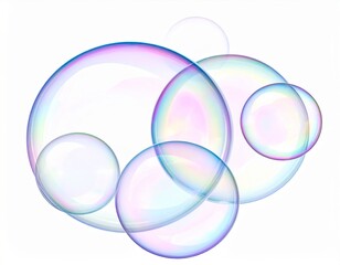 Iridescent Soap Bubbles Floating on White Background Close Up