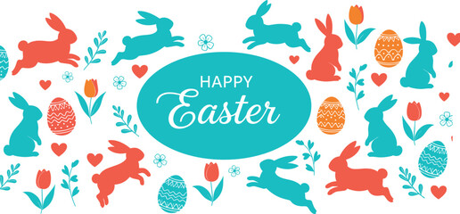 Happy Easter greeting card banner with rabbit silhouettes, colorful spring flowers, decorated eggs, heart shapes, and floral elements, cad drawing flat vector illustration © MDMOHOBBAT