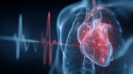 Poitrine humaine transparente r&eacute;v&eacute;lant un c&oelig;ur battant et art&egrave;res lumineuses. &Eacute;lectrocardiogramme num&eacute;rique, rythme et fr&eacute;quence cardiaque. Concept de cardiologie