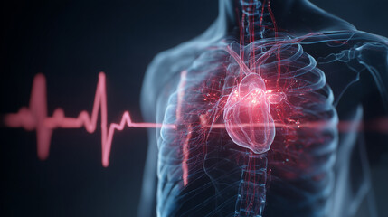 Poitrine humaine transparente r&eacute;v&eacute;lant un c&oelig;ur battant et art&egrave;res lumineuses. &Eacute;lectrocardiogramme num&eacute;rique, rythme et fr&eacute;quence cardiaque. Concept de cardiologie