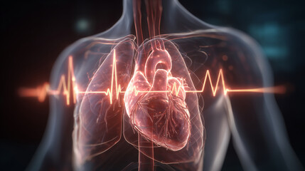 Poitrine humaine transparente r&eacute;v&eacute;lant un c&oelig;ur battant et art&egrave;res lumineuses. &Eacute;lectrocardiogramme num&eacute;rique, rythme et fr&eacute;quence cardiaque. Concept de cardiologie