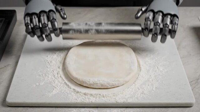Robotic hands using a stainless steel rolling pin to flatten dough on a marble countertop, with flour scattered around in a modern kitchen setting