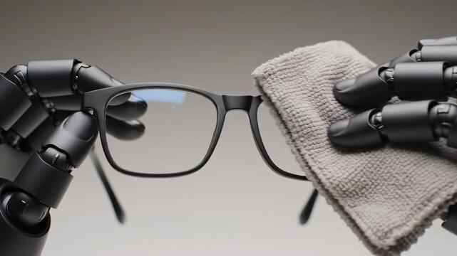 Robotic hands gently clean eyeglasses with a microfiber cloth, showcasing precise movements and attention to detail in a minimalist setting