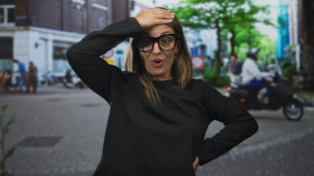Woman with hand on forehead in a surprised gesture on a busy street wearing dark glasses and casual sweater, facing camera; surprise reaction.