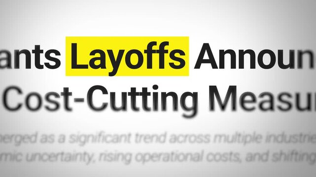 Global layoffs surge as economic challenges force industries to restructure and reduce workforce for stability, 4k text animation