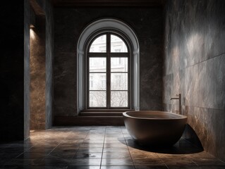 A large bathtub sits in a bathroom with a window above it