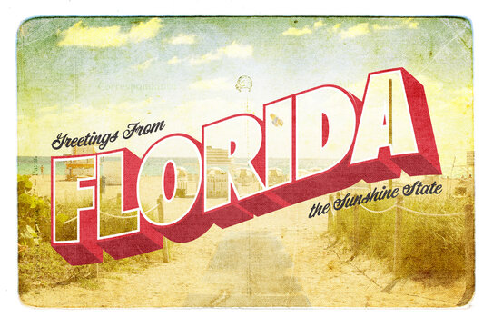 A vintage postcard design that says "Greetings from Florida"