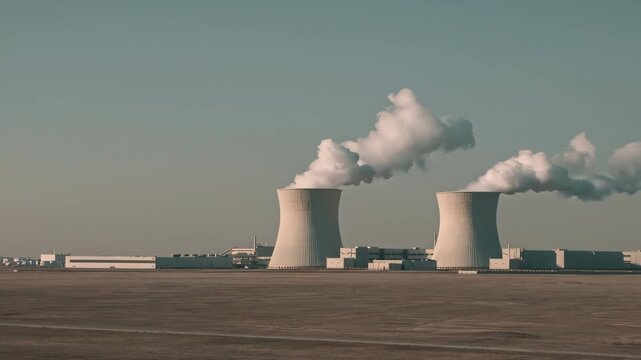 A wide shot of a modern nuclear facility featuring two large cooling towers emitting white steam against a clear sky. This industrial setting represents energy production, utility infrastructure, and 