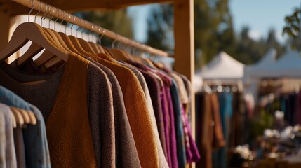 Naklejka premium A bustling market stall displays unique clothing made from clean reclaimed textile, with designers prepping recycled fiber fabric behind the scenes, emphasizing the importance of sustainable
