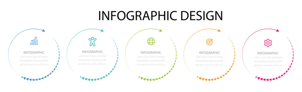 Timeline infographic with infochart. Modern presentation template with 5  spets for business process.Creative design with marketing icons. Vector illustration.  