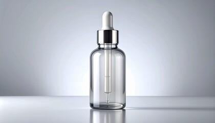 Naklejka premium Minimalist clear glass dropper bottle isolated on gray, symbolizing scientific precision, pure ingredients, and professional laboratory skincare.