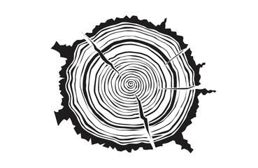 Fototapeta premium A detailed black and white top-down illustration of a tree's cross-section, showcasing intricate concentric growth rings and deep radial cracks of the wood.