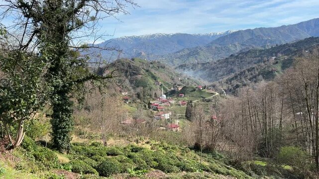 A view from an electricity pole in Turkey of the Kackar Mountains and nearby villages in the city of Rize.