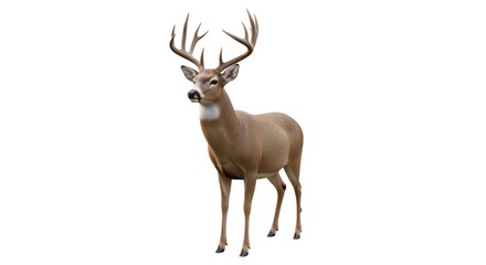 Obraz premium A stunning whitetail deer buck, featuring magnificent antlers, stands poised and alert, isolated against a crisp white backdrop, ideal for wildlife and nature projects