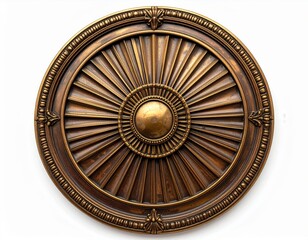 Fototapeta premium Intricate Bronze Circular Medallion with Radial Design on White Background