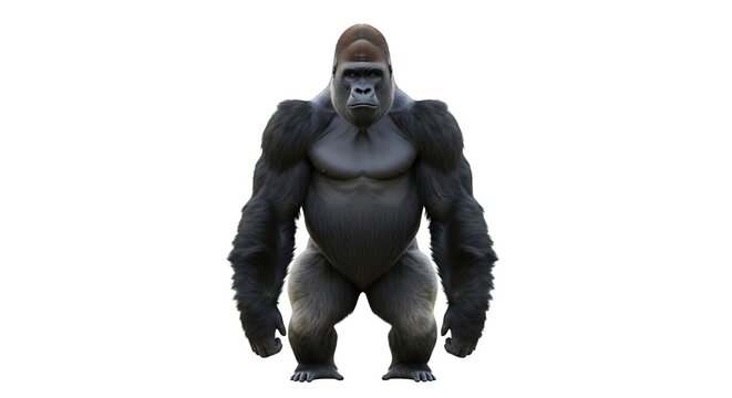 Majestic Silverback Gorilla Standing Tall and Powerful, a Symbol of Untamed Strength and Primate Dominance in its Natural Posture on a White Background
