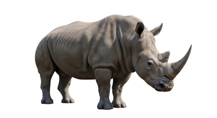 Obraz premium Powerful white rhinoceros stands majestically, isolated on a clean white background. Highlights formidable horn, textured skin, and impressive build, an iconic African animal