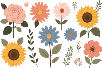 Colorful floral pattern illustration with roses, daisies, sunflowers, decorative leaves, botanical design elements, nature inspired artwork for digital creative projects