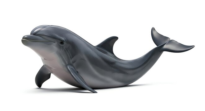 A charismatic grey dolphin with a sleek body and distinct dorsal fin, captured in a studio setting against a white background