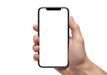 A hand holding a smartphone with a blank screen