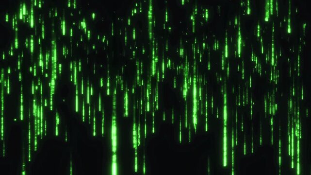 Neon green glowing digital rainwith light streaks animated abstract background. Bright electric animation. Matrix, virtual reality vfx. 4K 3d motion graphics.