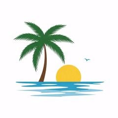 Obraz premium Simple graphic illustration of a tropical sunset with a palm tree, ocean, and a flying bird.