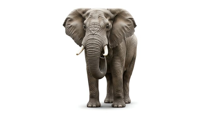 Majestic African elephant standing front view with detailed tusks and textured skin against a clean white background