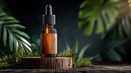 Fototapeta premium A bottle with dropper sits on a wooden platform, surrounded by leaves and greenery