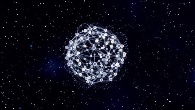 A glowing network sphere with interconnected nodes and lines against a starry night sky background, symbolizing global communication or technology
