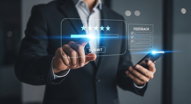 Customer Satisfaction Survey Concept with Five Star Rating Feedback and Businessman Using Smartphone