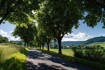 Obraz premium A sunlit country road lined with trees casting shadows, surrounded by green fields and hills under a partly cloudy blue sky.
