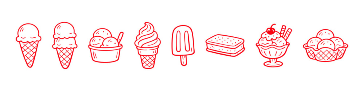 Set of red line art ice cream icons including cones, popsicle, sundae, and sandwich. Hand-drawn minimalist vector illustrations on white background.