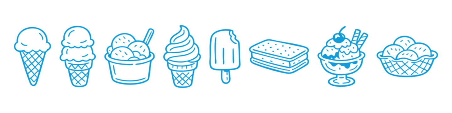 Set of blue line art ice cream icons including cones, sundaes, and popsicles on a white background, ideal for summer menu and graphic designs.