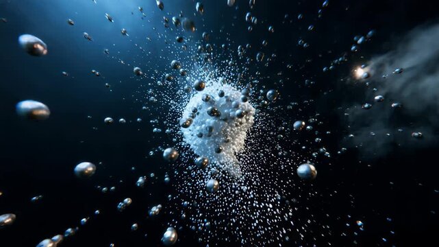 Numerous shiny silver spheres and small splashes fly away from a central white cloud in different directions against a dark background