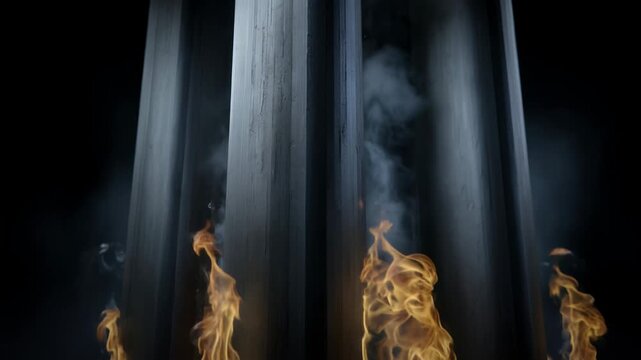 Bright tongues of flame and thick smoke rise from the base of massive dark columns, gradually engulfing the entire structure against a black background