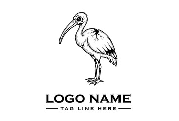 A black and white illustration of a stork with a long beak standing on one leg, with a placeholder logo name and tagline on a clean white background.