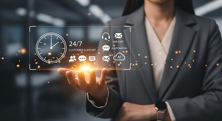 AI Powered 24/7 Customer Support Service Concept with Businessman Holding Digital Interface