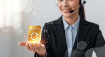 Customer Service Representative Holding Virtual Feedback Rating and Satisfaction Icon